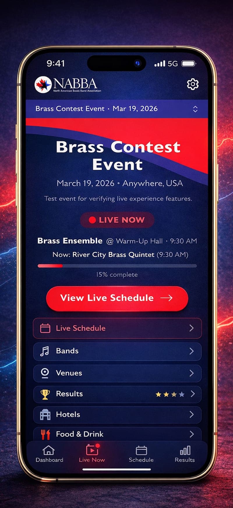 An iPhone showing the NABBA app with a live contest in progress