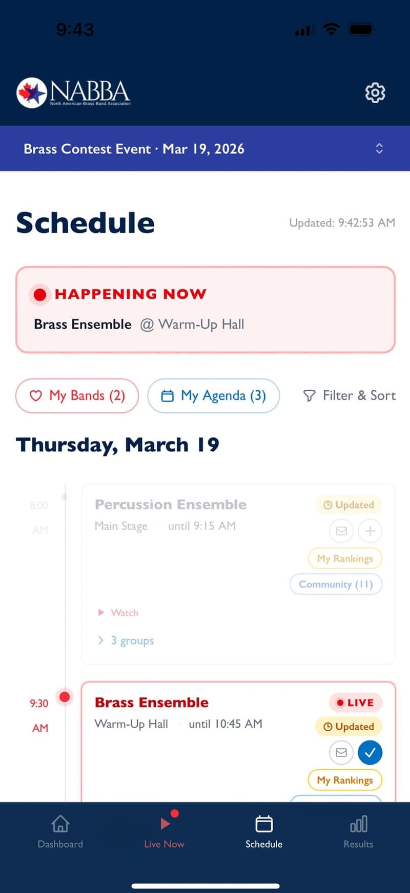 Schedule showing the section happening now