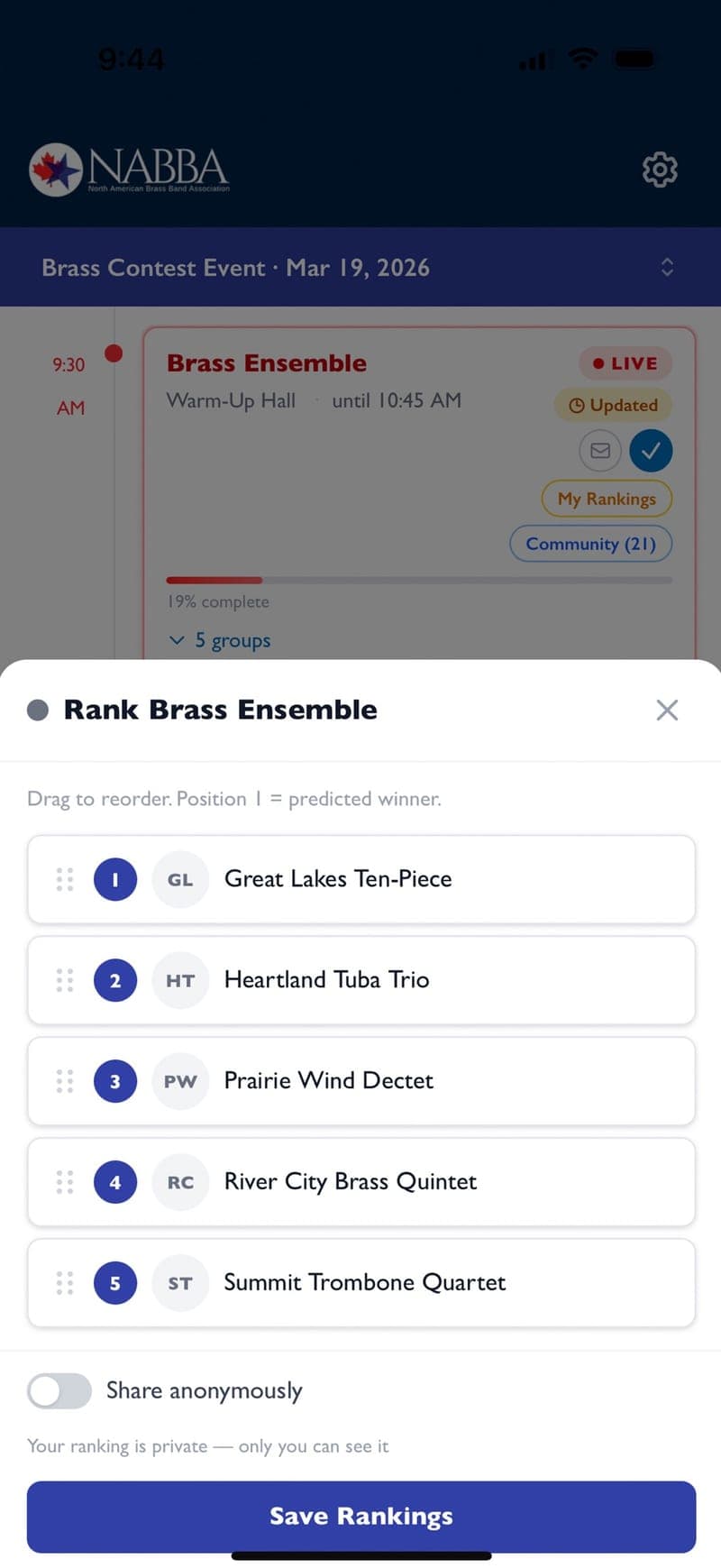 Drag-to-reorder ranking of the bands in a section